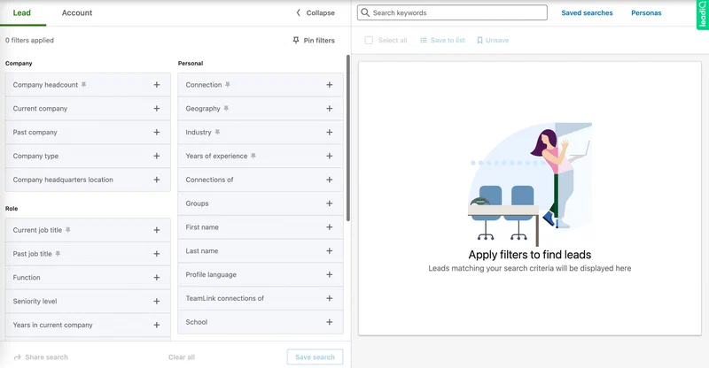 LinkedIn Sales Navigator Lead filters button LinkedIn Sales Navigator Lead filters button
