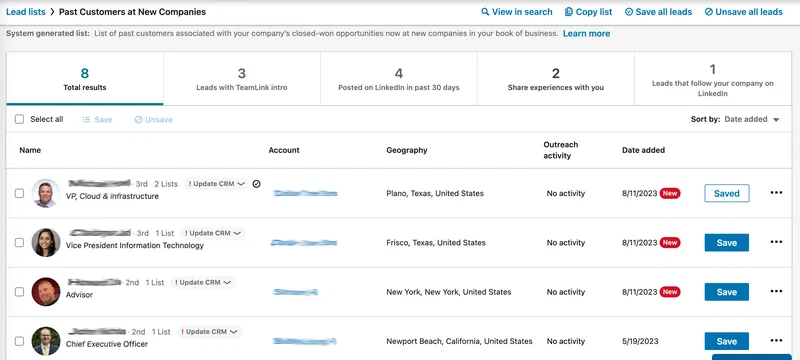 LinkedIn Sales Navigator Past Customers at New Companies. LinkedIn Sales Navigator Past Customers at New Companies screen.