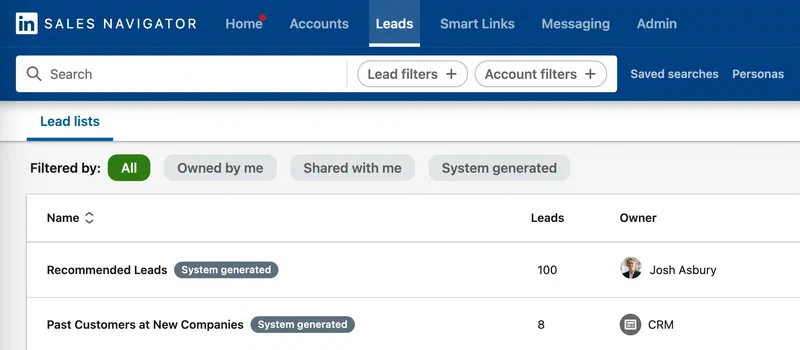 LinkedIn Sales Navigator Lead List screen. LinkedIn Sales Navigator Lead List screen.