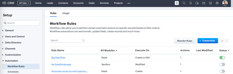 Zoho Workflow Rules Page