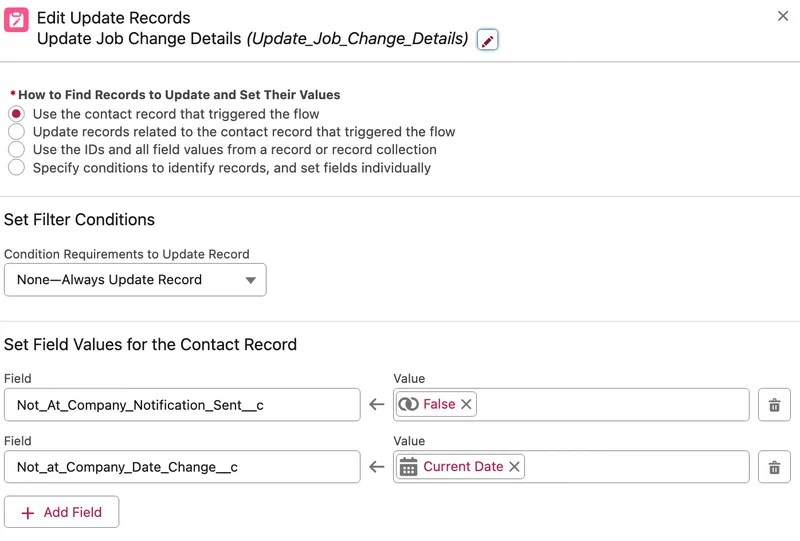 Salesforce Flow update LinkedIn job change fields. Salesforce Flow update LinkedIn job change fields.